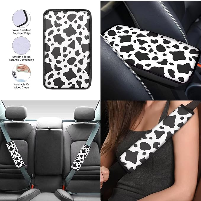 Mumeson Classic Cow Print Car Seat Covers Set with Steering Wheel Cover + Safety Seat Belt Pads + Armrest Cushion Pad for Car 8 Pack Car Accessories Decor for Womens Mens Universal Car Seat Covers