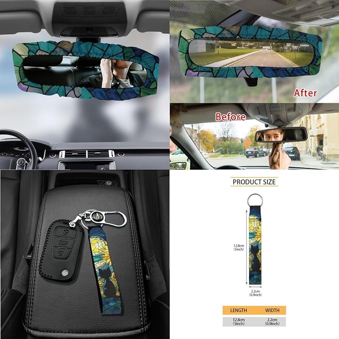 Black Cat Print Car Seat Covers Front and Back Full Set Sunflower Print High Back Bucket Seat Covers with Steering Wheel Cover Rearview Mirror Cover Safety Belt Pads Trash Can