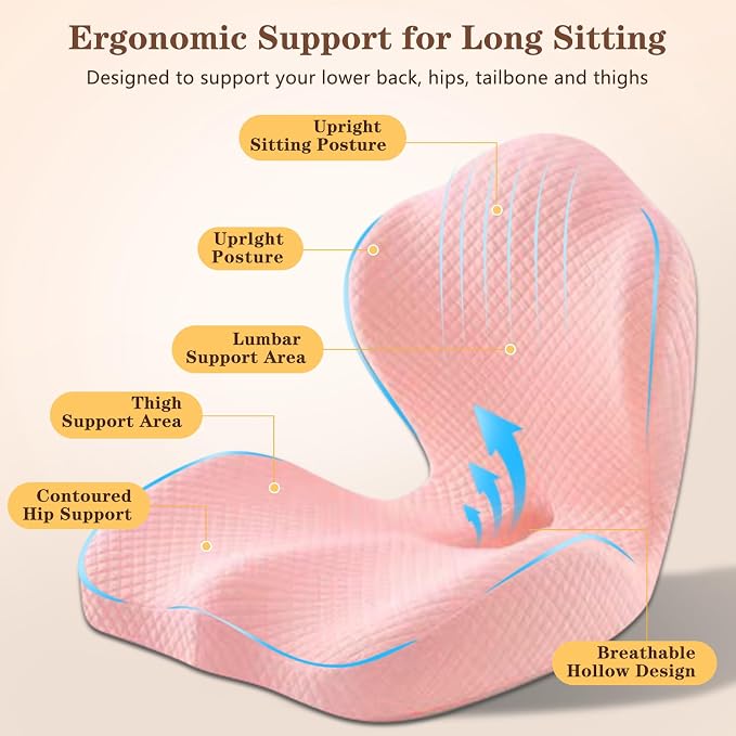 Ergonomic Memory Foam Seat Cushion with Back Support, L-Shaped Office Chair Cushion with Coccyx Cutout, Tailbone Support Cushion for Long Sitting, Car Seat Cushion for Driving, Home & Gaming Chair