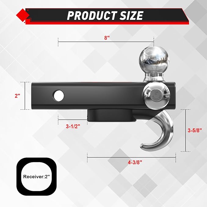 TYT Trailer Hitch Tri Ball Mount with Tow Hook,Fits 2 inch Receiver,Triple Balls (1-7/8", 2", 2-5/16"),10,000 lbs GTW,1,000 lbs TW,with Hitch pin