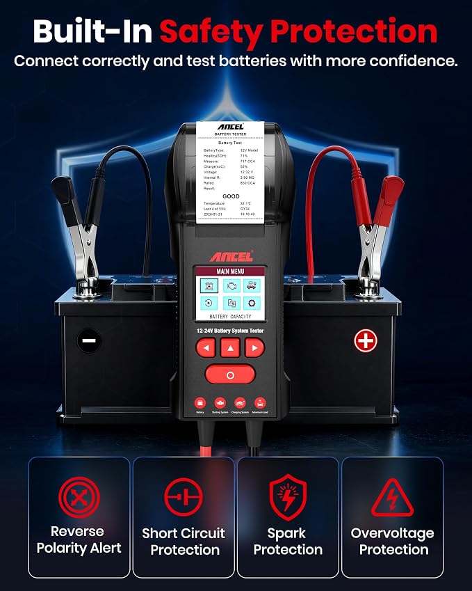ANCEL BST600 12V 24V Battery Tester with Printer, 100-2000 CCA Lead-Acid Battery Load Tester, Automotive Starter Alternator Cranking Charging System Analyzer for Cars Trucks RV Marine Motorcycles