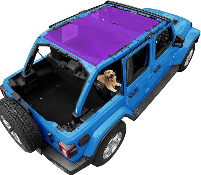 JL Top Sun Shade Roof Compatible with Jeep Wrangler 2 or 4 Door 2018 to 2023 Sunshade Sunroof Cover Blocks UV Wind Noise Purple Mesh for Full Length