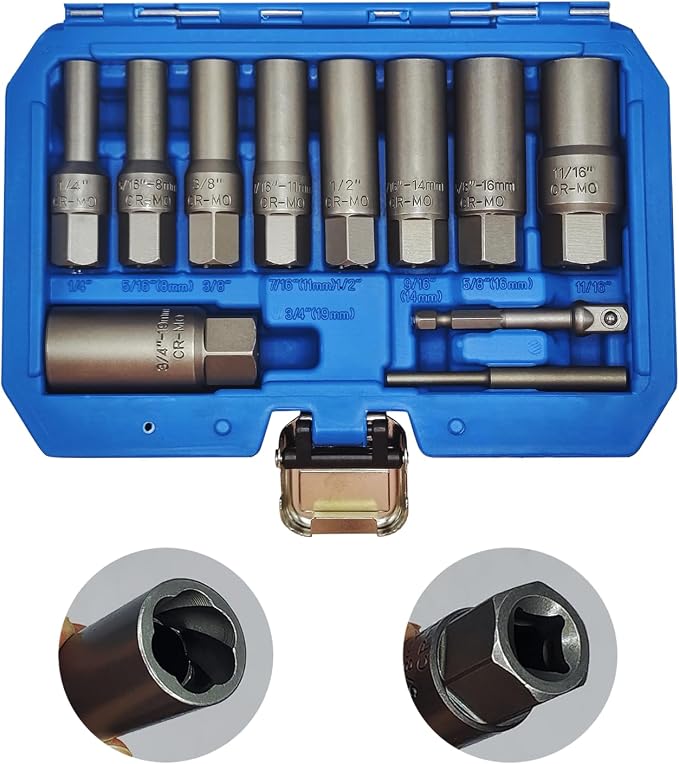 11PCS Spiral Type Deep Extractor Set, Stripped Bolt Remover Lug Nut Extractor Set, Spark Plug Easy-out Set, Lug Nut Removal Tool Set for Removing Deeply trapped and Broken Bolts, Studs.
