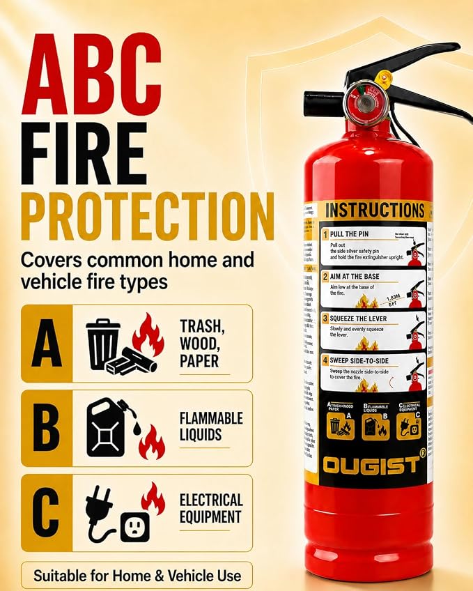Ougist ABC Fire Extinguisher for Home, 2.5lb Small Fire Extinguisher for Kitchen & Garage, Vehicle Fire Extinguisher for Truck, Car and Boat, Professional Safety Grade, Red