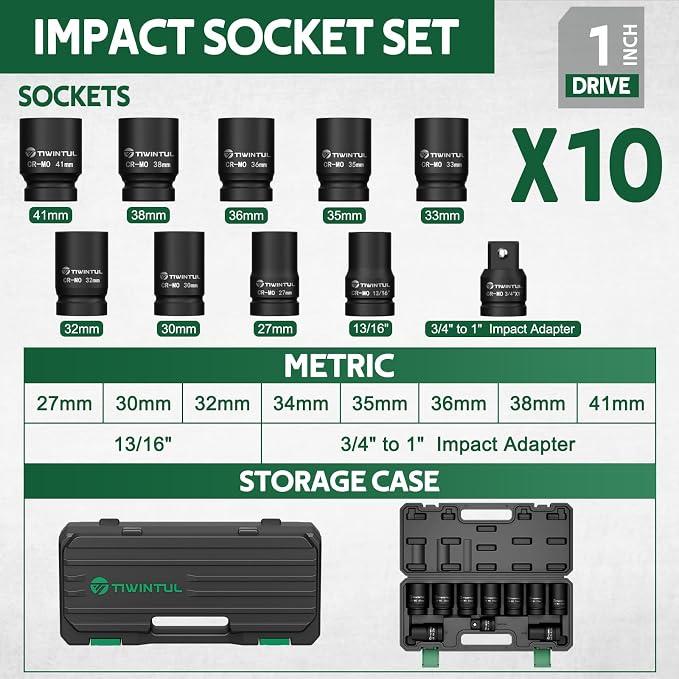 1 Inch Drive Impact Socket Set, 6 Point, Metric,10pcs (27–41mm), 42 CR-MO, Includes 3/4"F x 1"M Adapter & 13/16" Impact Socket, Heavy Duty Large Socket Set for Truck & Equipment Repair