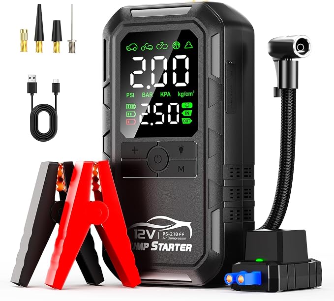 10-in-1 Car Battery Jump Starter with Air Compressor 10000A 160PSI Portable Car Jumper Starter (All Gas 12L Diesel), 12V Jump Box Car Battery Jump Starter Portable Jumper Cables, Lights (10000A)