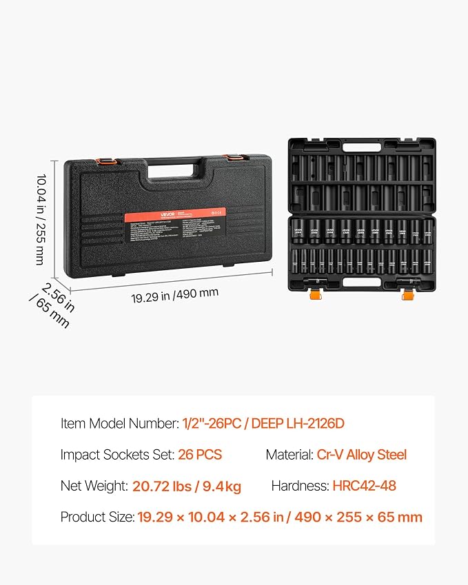 VEVOR Impact Socket Set, 1/2" Drive, 26-Piece Impact Sockets, 6-Point Sockets, Metric 10-30 mm, 32-36 mm, Easy to Identify, with a Sturdy Storage Case, Cr-V Alloy Steel Structure, for Vehicles Repair