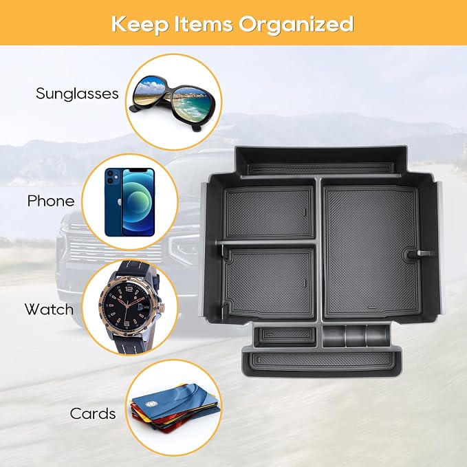 Center Console Organizer for 2021-2026 Chevy Tahoe/Suburban(Premier/High Country) & Yukon/Yukon XL(Denali/Denali Ultimate)Armrest Storage Accessories - Only Fit For Power Sliding Center Console