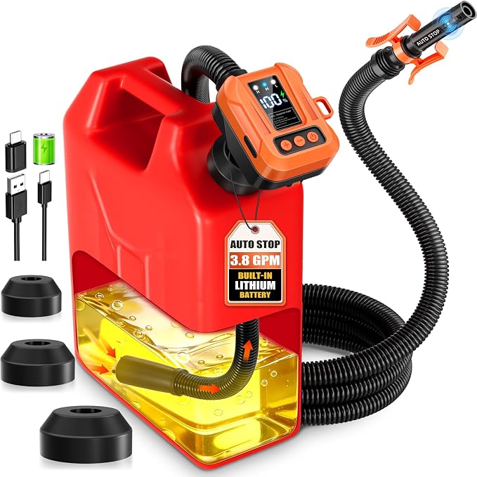 Electric Fuel Transfer Pump, Automatic 3.8 GPM Gas Can Pump, Cordless Fuel Pump Built in 6000mAh Rechargeable Battery, LED Display, Auto Stop, Adjustable Flow, 90" Hose, 3 Adapter for Gasoline, Diesel
