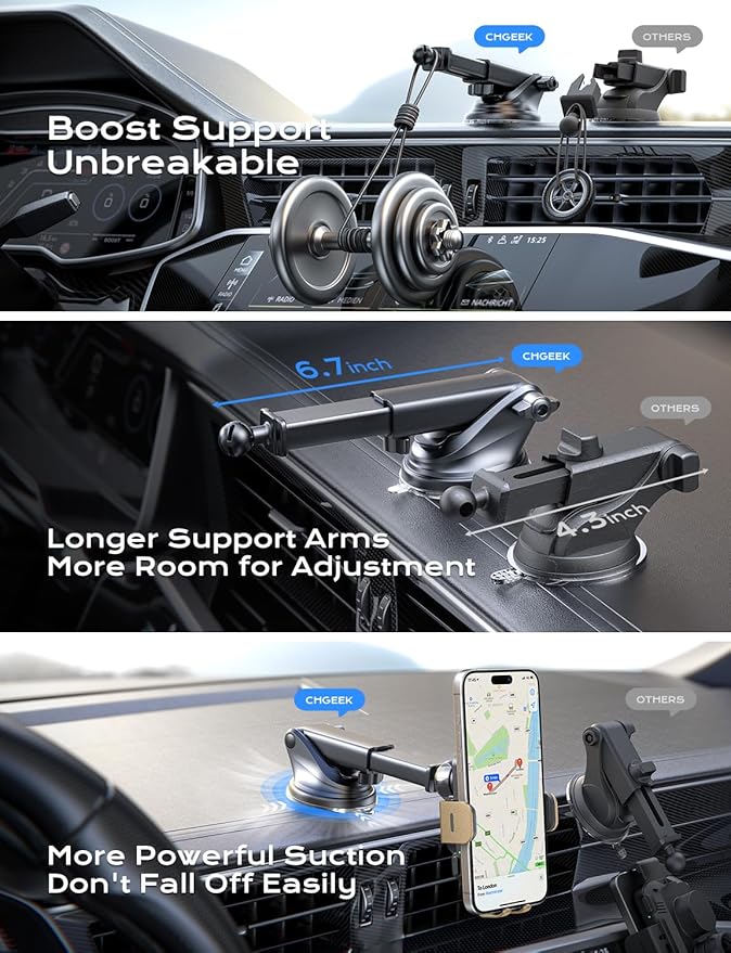 CHGeek Wireless Car Charger, 15W Fast Charging Auto Clamping Car Charger Phone Mount Phone Holder fit for iPhone 15 14 13 12 11 Pro Max Xs, Samsung Galaxy S24 Ultra S23 S22 S21, S20, S10+, Golden