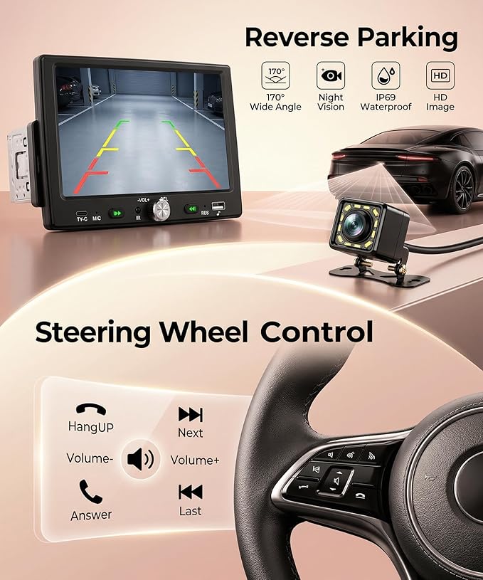 7 inch Single Din Car Stereo Wirelsss Carplay Android Auto, 1 Din Radio HD 1024×600 Touch Screen Radio Bluetooth 5.0, Mirror Link SWC FM EQ, USB Type-C, Car Stereo Receiver