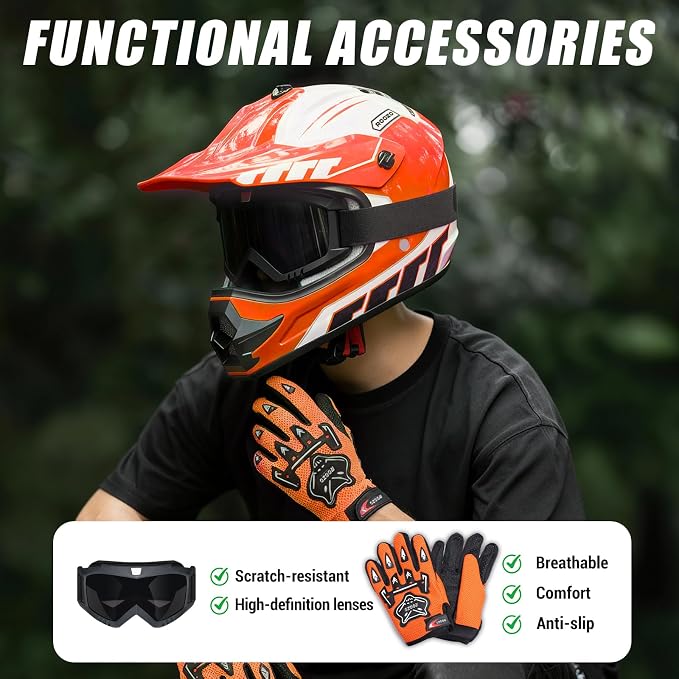Youth Dirt Bike Helmet DOT Approved, Kids Motocross Full Face Helmet with Adjustable Goggles Riding Gloves & Storage Bag, Off-Road Sport Gear Set for Boys Girls ATV UTV