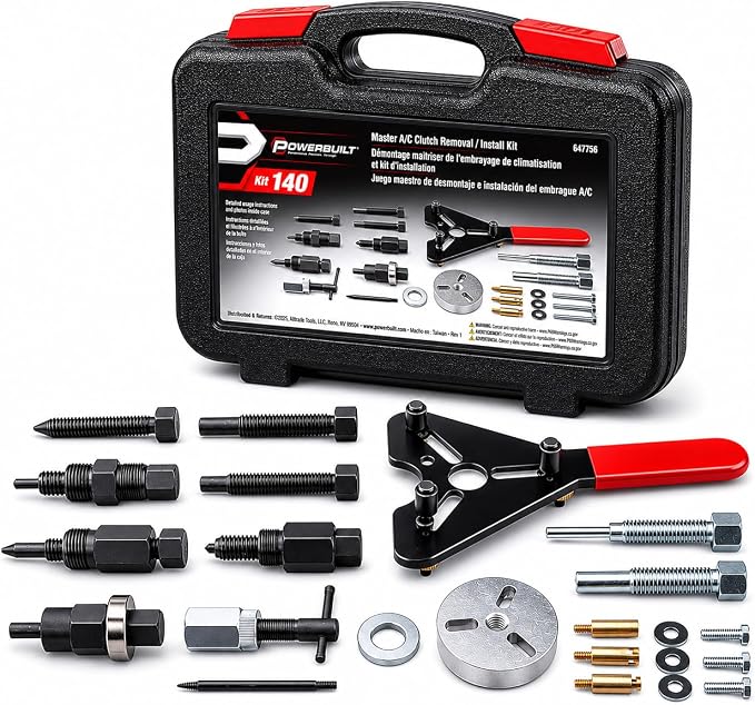 Powerbuilt Master AC Clutch Removal & Installation Tool Kit, Service Automotive AC Compressor Clutches, Holding Tool, Installer, Remover - 647756, Black, 23 Piece