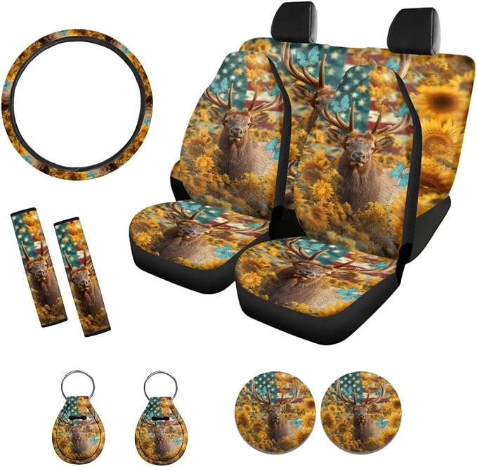 Xoenoiee American Flag Deer Butterfly Sunflower Car Seat Covers and Accessories, Front Rear Seat Covers, Steering Wheel Cover, Seat Belt Pads, Coasters, Keychains for Car SUV Decor, 11 PCS Set