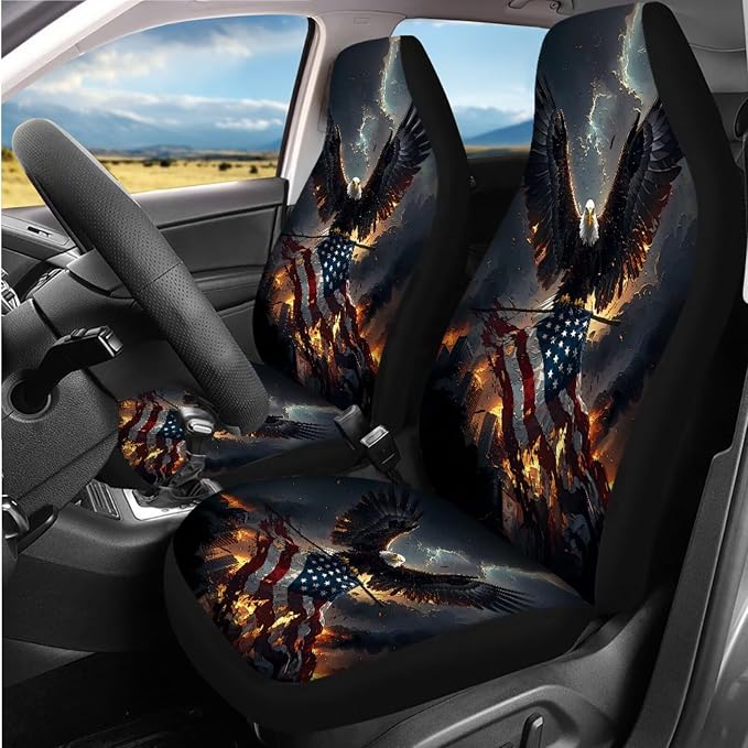 8 Pcs Eagle American Flag Design Car Accessories Set, Car Seat Covers Full Set with Auto Steering Wheel Cover Center Console Pad Seat Belt Covers, Patriotic Decorations