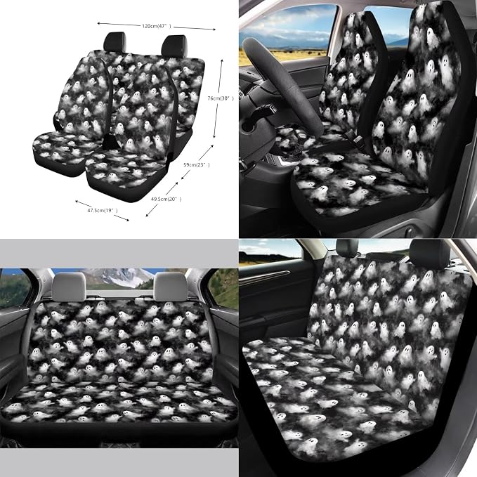 Cute Ghosts Print Car Accessories Car Seat Covers Full Set with Steering Wheel Covers+Seat Belt Pads+Coasters+Keychain+Lipstick Holder Universal Fit 13 Pack Halloween Car Decor