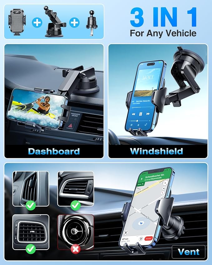VANMASS Car Phone Holder [Upgraded Strongest Suction & Clip] Cell Phone Mount for Dashboard Windshield Vent Wall,Truck Cradle Stand for iPhone 17 Pro Max 16 15 14 13 12 11 SE Samsung S26 Android,Black