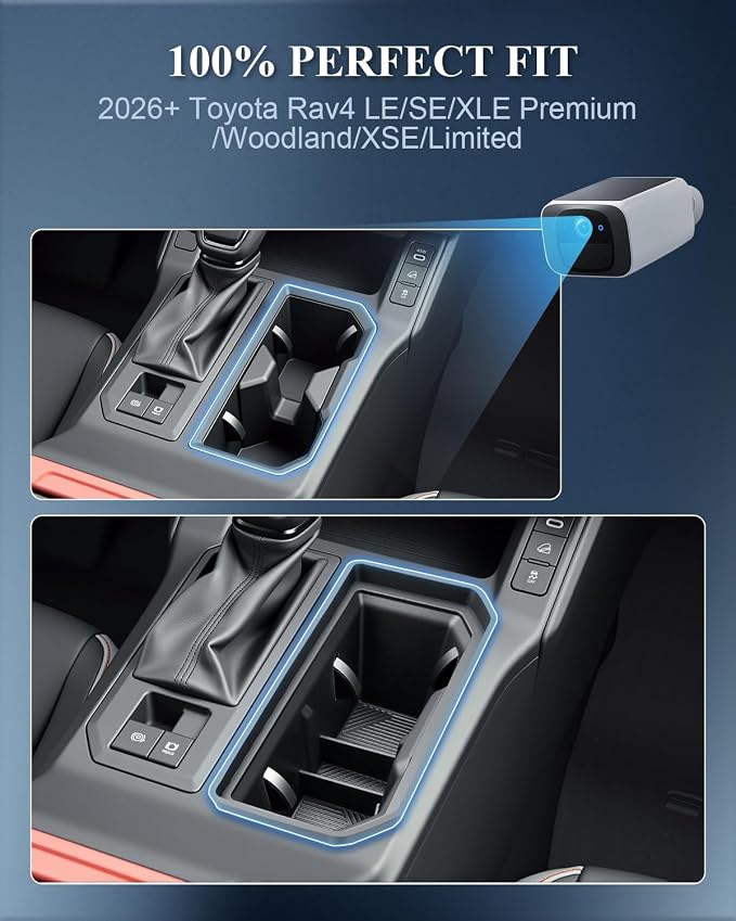 BIBIBO 2026 RAV4 Center Console Cup Holder Inserts for 2026 Toyota RAV4 (LE/SE/XLE Premium/Woodland/XSE/Limited) Cup Holder Organizer 2026 Toyota RAV4 Accessories RAV4 Cup Holder Tray