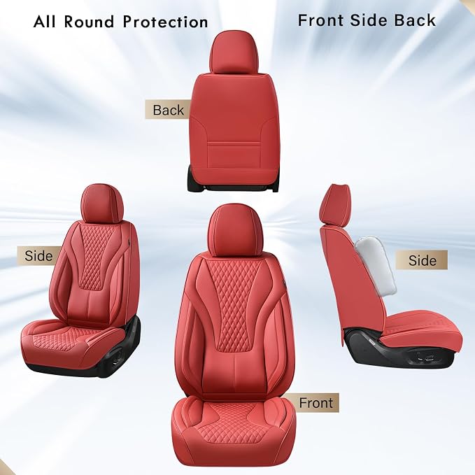 Coverado Waterproof Nappa Leather Car Seat Covers Full Set, Red 5-Seat Car Seat Protector, Front & Rear Cushions Fit for Most Sedans, SUVs, Pick-up Trucks