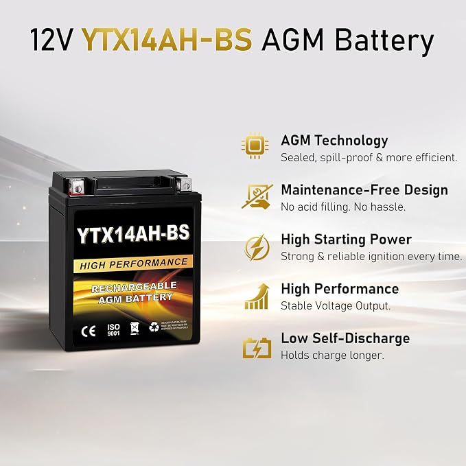 YTX14AH-BS 12V 12Ah AGM Sealed Motorcycle Battery, Maintenance-Free, Compatible with Polaris Sportsman 570, Trail Blazer 250, Ranger 400 500, Suzuki King Quad 300, QuadRunner 250