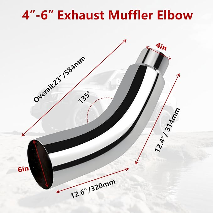 Universal 4" to 6" Exhaust Elbow Pipe with Steel Clamp - Silver Chrome or Black Painted for Car, Truck & Diesel