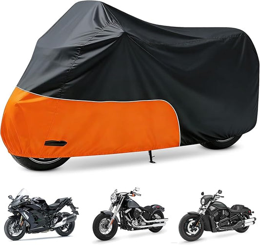 Motorcycle Cover 96 Inch with Relfection Strip, Compatible with Harley Davidson,Yamaha, Honda, Suzuki, Kawasaki All Weather Waterproof Outdoor and Dustproof Indoor, Black&Orange