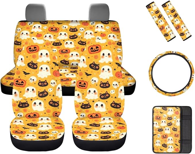 Cute Halloween Print Car Seat Covers Full Set with Auto Steering Wheel Cover Auto Center Console Pad Seat Belt Covers for SUV Truck Cars, Halloween Decorations Gifts