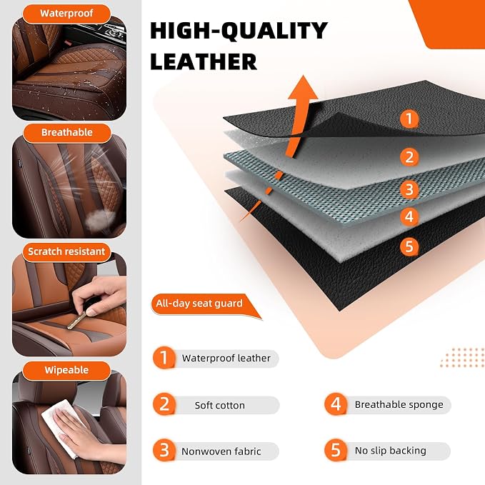 5-Seater Car Seat Covers Full Set, Fit for Front and Rear Seats of Cars, Waterproof and Breathable Nappa Leather, Compatible with Airbags, Car Seat Protector Covers for Most Cars -Coffee Brown