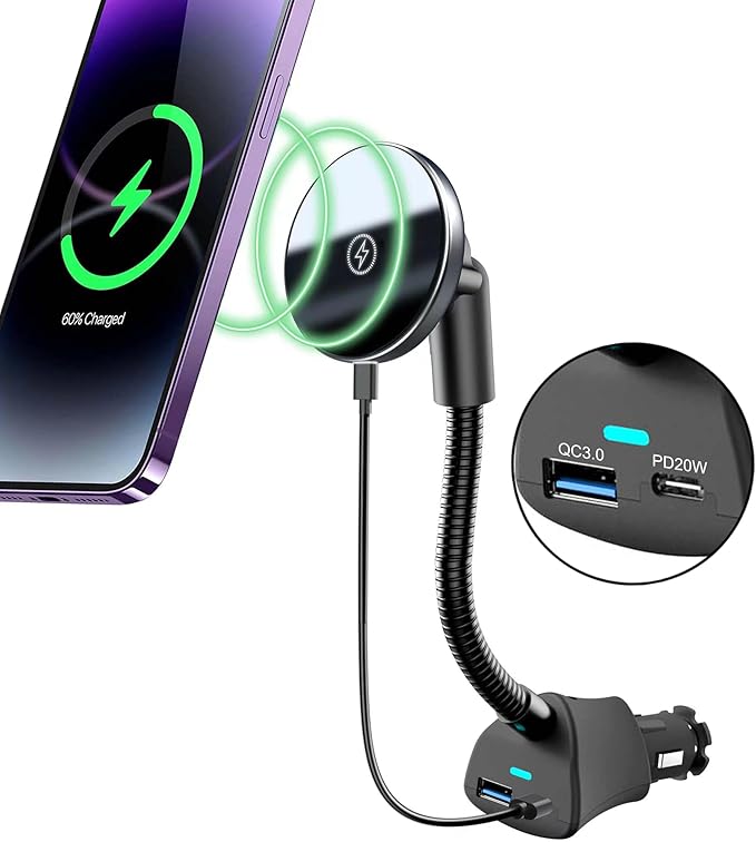 for Car Mount Charger 15W Wireless Car Cigarette Lighter Phone Charger, Cigarette Lighter Phone Mount with Dual Port PD&QC3.0 Fast Charging for iPhone 15 Pro Plus Max 14 13 12