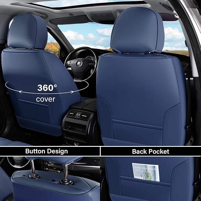 Coverado Car Seat Cover Front Seats, Blue Seat Covers Front Seats, Nappa Leather Waterproof, Car Seat Cushion, Car Seat Protector Universal Fit Most Cars