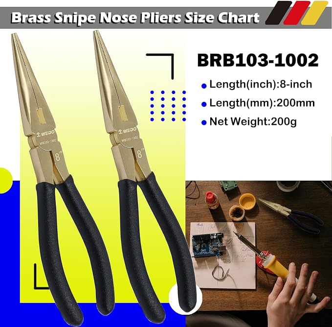 WEDO 2-Piece Brass Pliers Set, 8"" Long Nose Pliers with Non-Slip Handle, Snipe Nose Pliers, Length 200mm, BRB103-2pcs