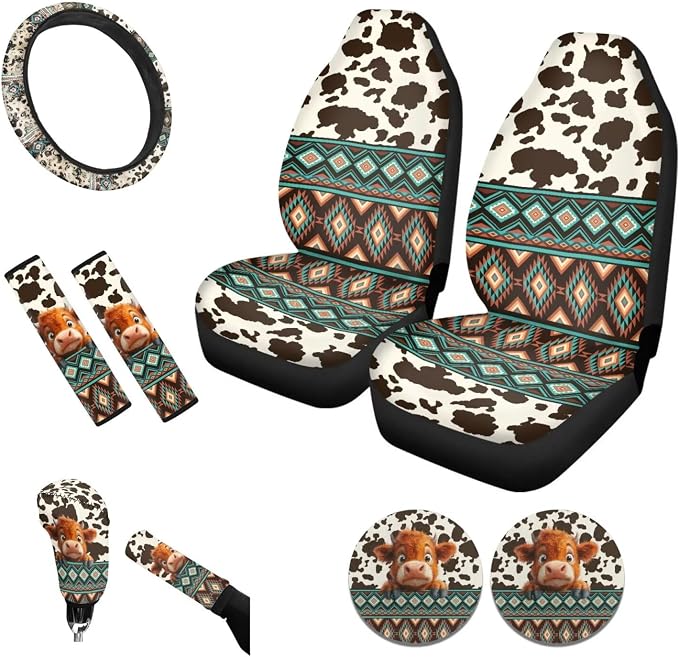 Tupalatus Boho Cow Print 9 Pcs Car Seat Covers Front Set Fashion Steering Wheel Protector Seat Belt Pads Cover Shift Cover Hand Brake Cover Cup Coasters Fit for Most Car SUV