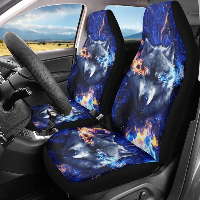 Howilath Galaxy Fire Wolf Print Car Front Seat Covers, 10pcs Car Front Seat Covers/Steering Wheel Cover/Seatbelt Pads/Keychain/Armrest Cushion/Coasters Vehicle Seat Protector Accessories