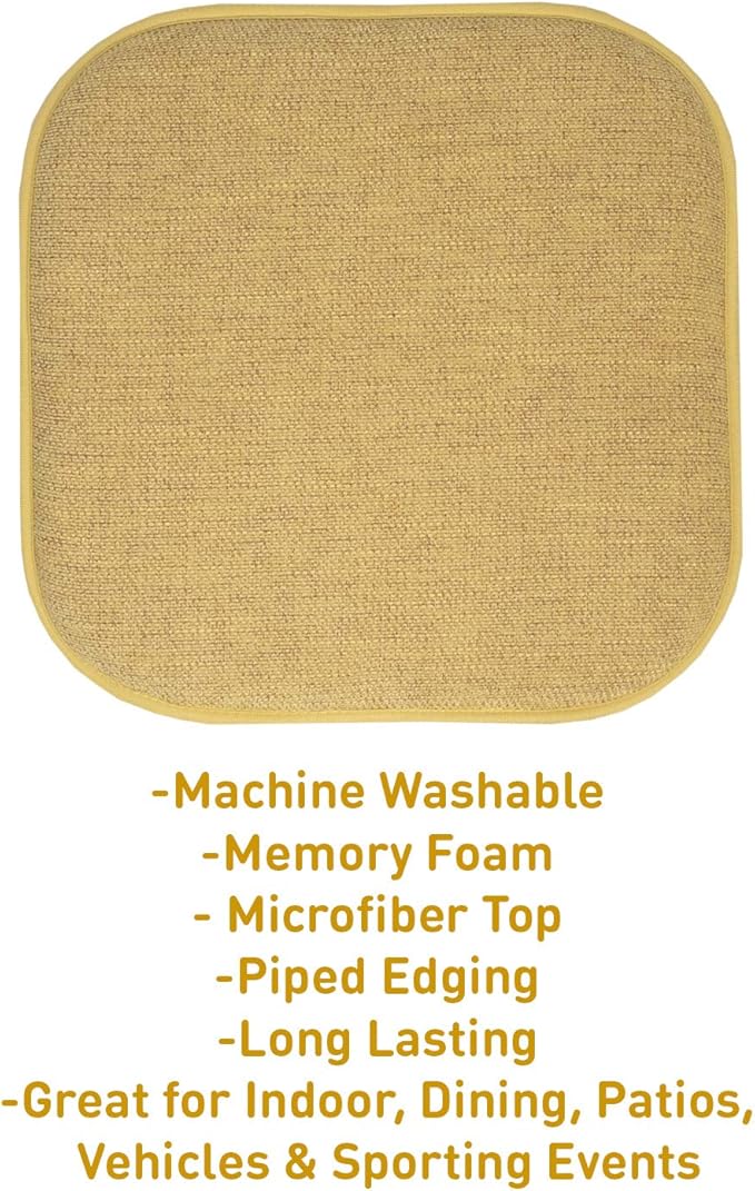 Sweet Home Collection Chair Cushion Memory Foam Pads Honeycomb Pattern Slip Non Skid Rubber Back Rounded Square 16" x 16" Seat Cover, 4 Pack, Alexis Gold