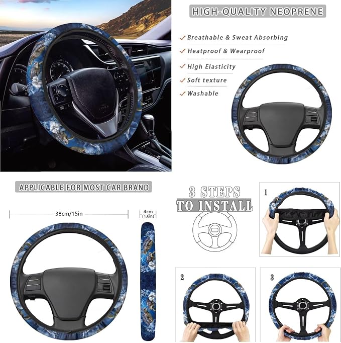 Sea Turtle Print Car Interior Cover Set Hibiscus Butterfly Print Car Front and Rear Seat Covers Steering Wheel Cover Armrest Pad Safety Belt Pads Rear View Mirror Protector, 14Pcs
