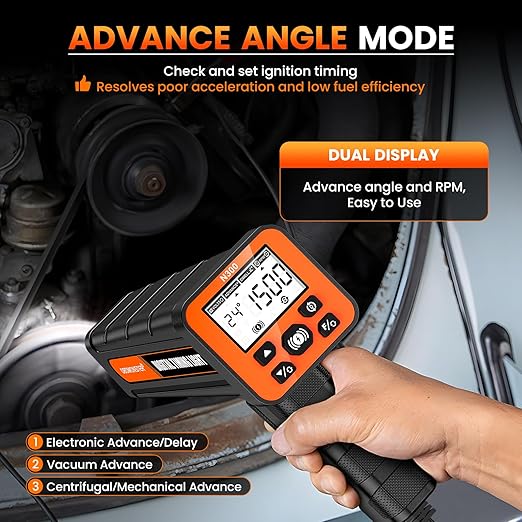 N300 Pro Digital Timing Light with Tachometer & Advance Angle, and Voltage Test & Dwell Angle, 2.6" LCD High-Definition Backlit Display, Works on 12V Gasoline Engines (2/4 Stroke)