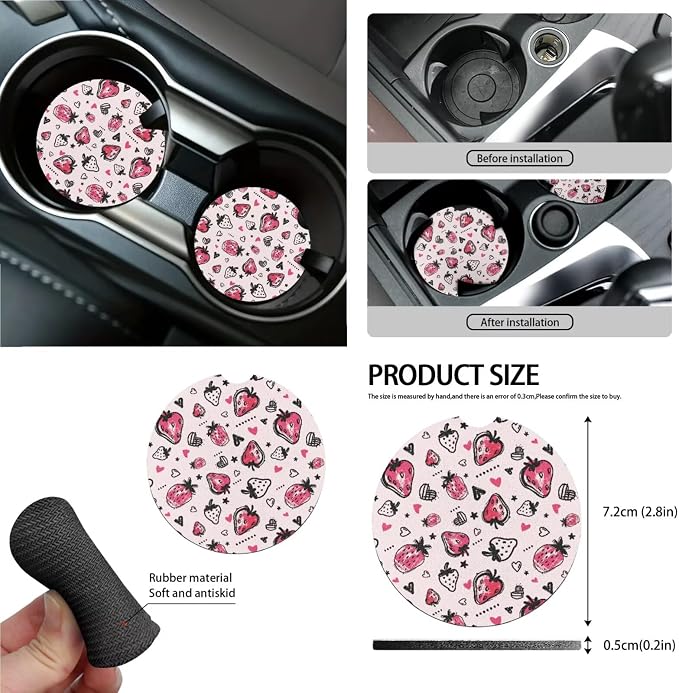 Strawberry Print Car Interior Covers Full Set 15Pcs Universal Car Front and Rear Seat Covers with Steering Wheel Cover Safety Belt Pads Inside Rearview Mirror Cover Cup Mats
