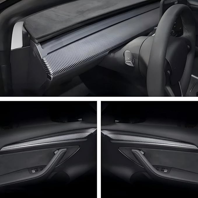 9PCS Dashboard Cover Wrap & Front Door Inner Armrest Panel Cover, Steering Lever Cover and Steering Wheel Cover for Tesla Model 3 2021-2023 & for Model y 2020-2024(Matte Carbon Fiber Printing)