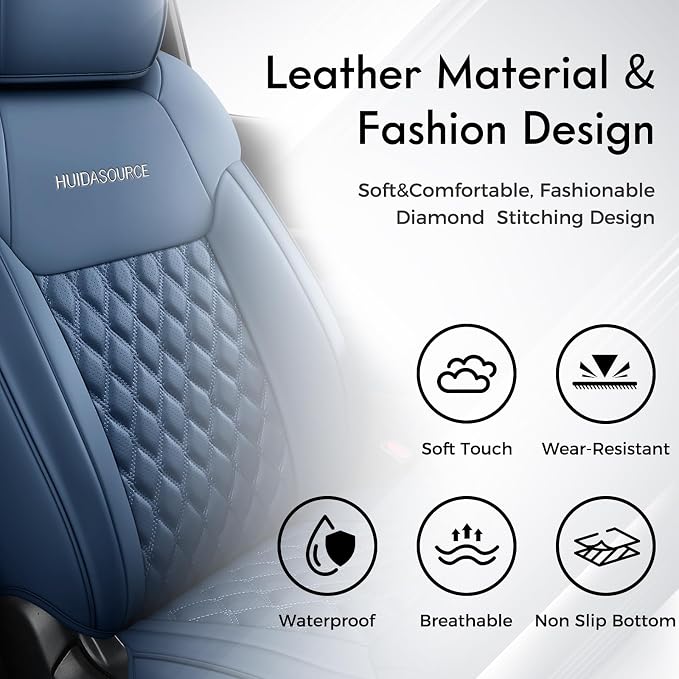 Huidasource fit for Toyota Tundra Seat Covers, Nappa Leather Truck Seat Covers, 360° Full-Coverage Toyota Seat Cover 2014-2021 CrewMax, Compatible with armrest airbags (Full Set/Blue)