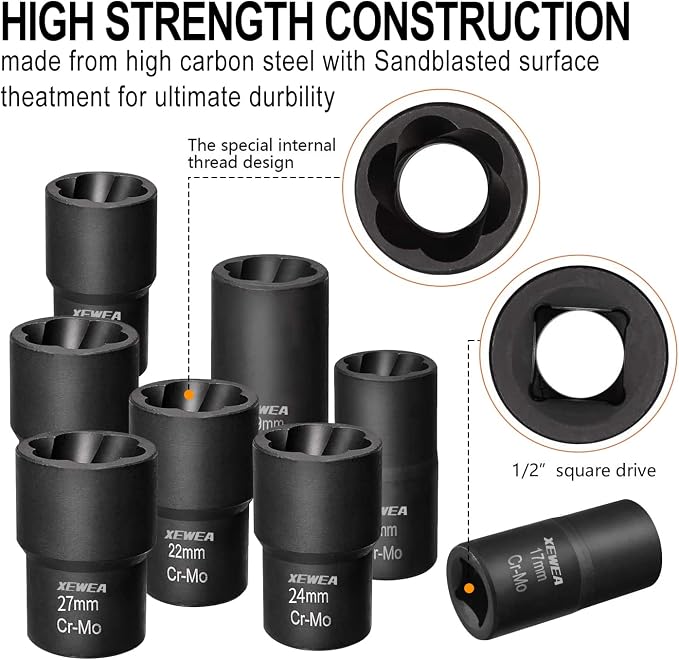 XEWEA 1/2" Drive 12PCS Lug Nut Remover and 6PCS Flip Impact Socket Set, Wheel Lock Removal Kit, Thin Wall Nut Sockets Easy Out Extractor Set for Damaged, Frozen, Rusted, Rounded-Off Bolts
