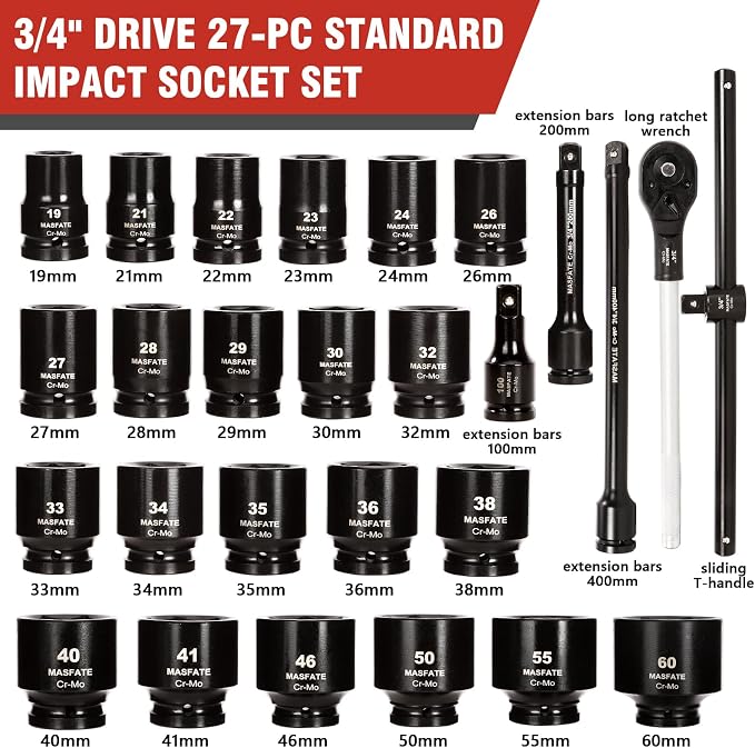3/4" Impact Socket Set 27PCS,Metric Shallow Sockets 19-60mm | CR-MO Steel,6-Point,3 Extension Bars,Sliding T-Handle & Long Ratchet,heavy duty for truck & industrial repair
