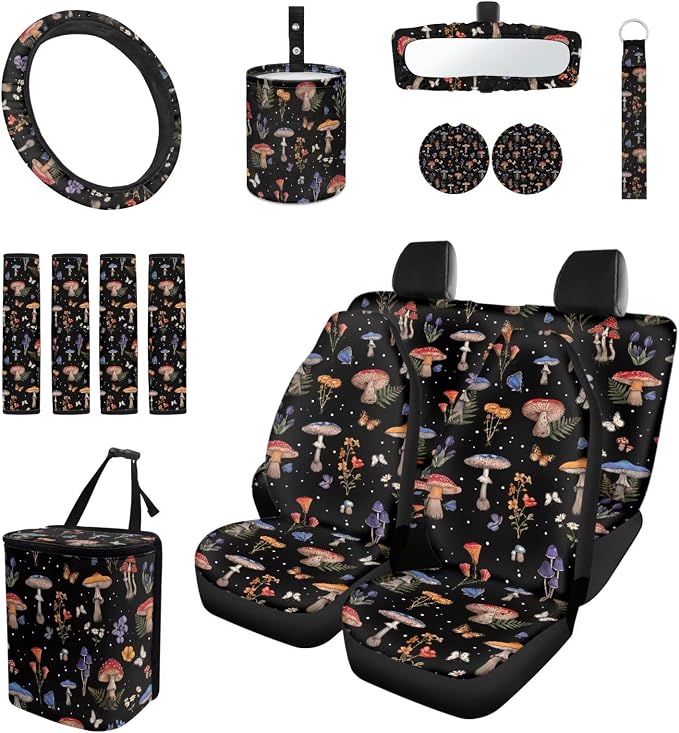 Mushroom Car Seat Cover Full Set 15 PCS, with Auto Steering Wheel Cover Seatbelt Shoulder Pad Coasters Garbage Bin Rear View Mirror Cover Keychain