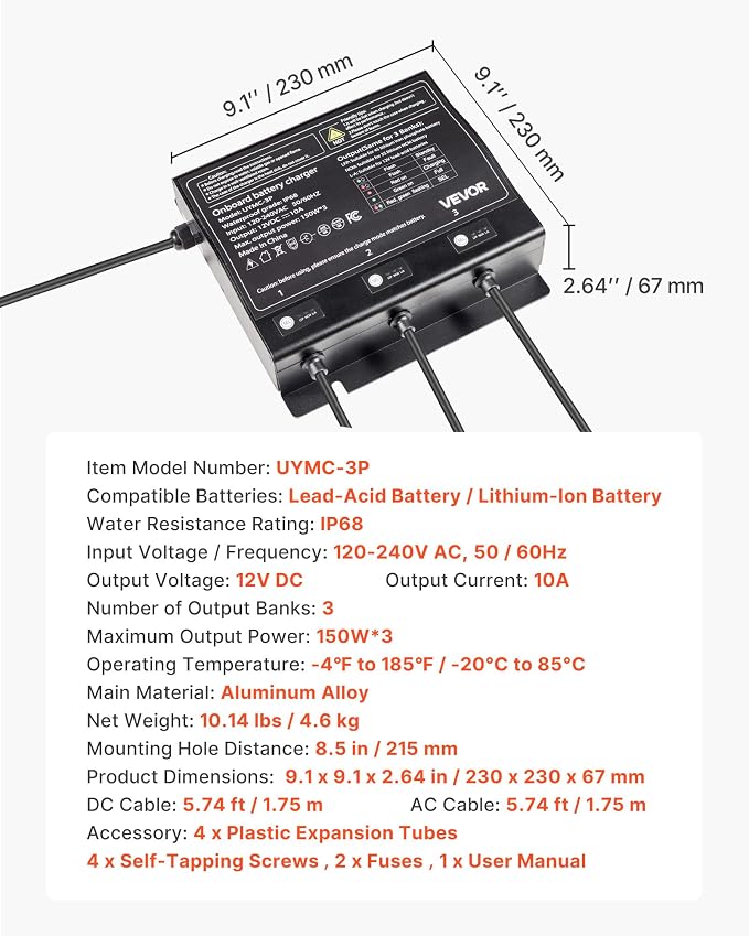 VEVOR Marine Battery Charger, 3-Bank 10A (10A/Bank) 12V Onboard Battery Charger, IP68 Waterproof Smart Charger for Lithium-Ion LiFePO4, NCM, Lead-Acid Batteries, Large Boats, Yacht, RV, Trailer