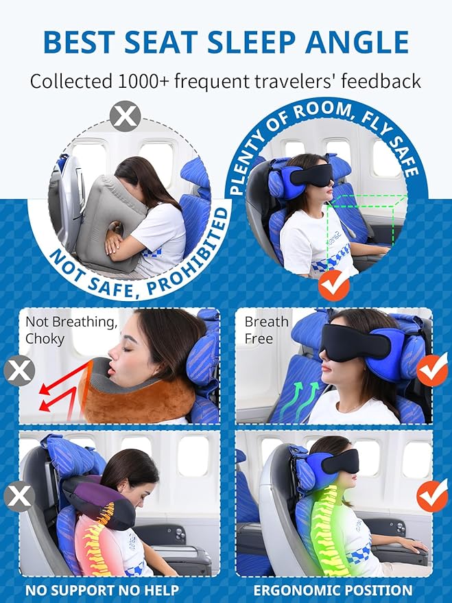 SARISUN Travel Pillows for Airplanes, 2 Pack Airplane Pillows for Long Flight with Sleep Eye Mask, Plane Head Strap for Road Trip, 360° Support for Sleeping, Stop Bobblehead Travel Essentials, Black