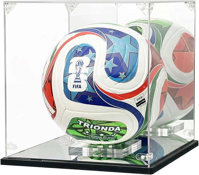 Acrylic Soccer Ball Display Case - Mirror Back & Base, UV Protection Dustproof Box for Autographed Size 5 Soccer Ball - Heavy Duty Memorabilia Cube Holder with Removable Stand (10.5" x 10.5" x 10.8")
