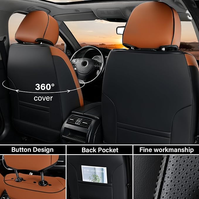 Coverado Seat Covers Full Set, 5 Seats Car Seat Cover, Front and Back Seat Covers for Cars, Breathable Faux Leather Car Seat Cushion, Car Seat Protector Universal Fit for Most Cars Vans, Brown