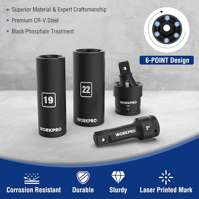 WORKPRO 1/2” Drive Impact Socket Set, 65PCS SAE(3/8”-1-1/4”) and Metric(10-24mm) Deep & Shallow Kit, Ratchet Handle, Extension Bar, Impact Universal Joint and Adapters for Automotive Repair
