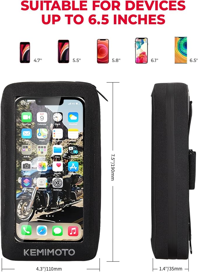KEMIMOTO Motorcycle Waterproof Tank Bag Phone Pouch Case TPU Bag Sensitive Touch Screen Compatible for Cell Phone up to 6.5 Inch Black
