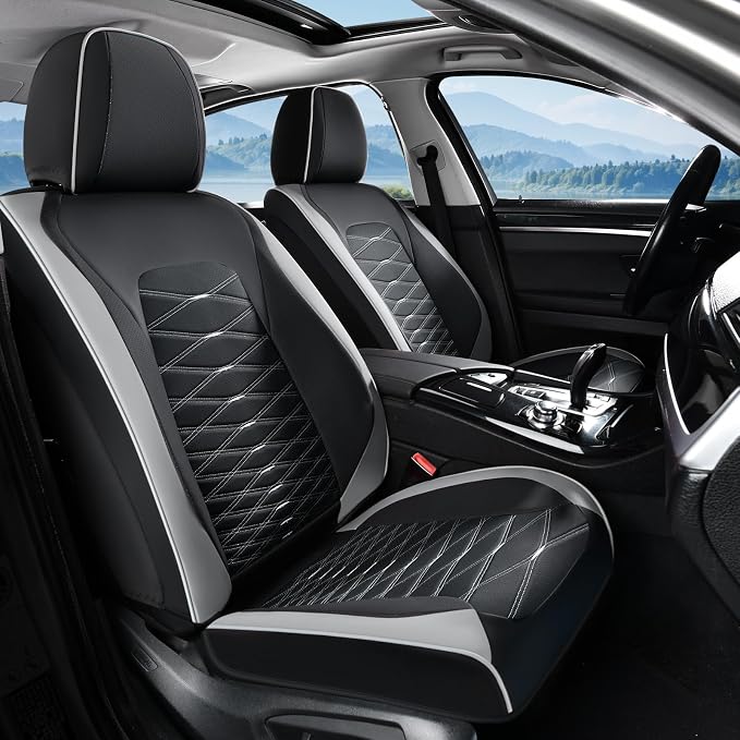 FLORICH Leather Seat Covers, Car Seat Covers Full Set, Car Seat Protector Waterproof, Front and Rear Seat Covers for Cars, Automotive Seat Covers Universal Fit for Most Cars SUV Truck - Gray&Black