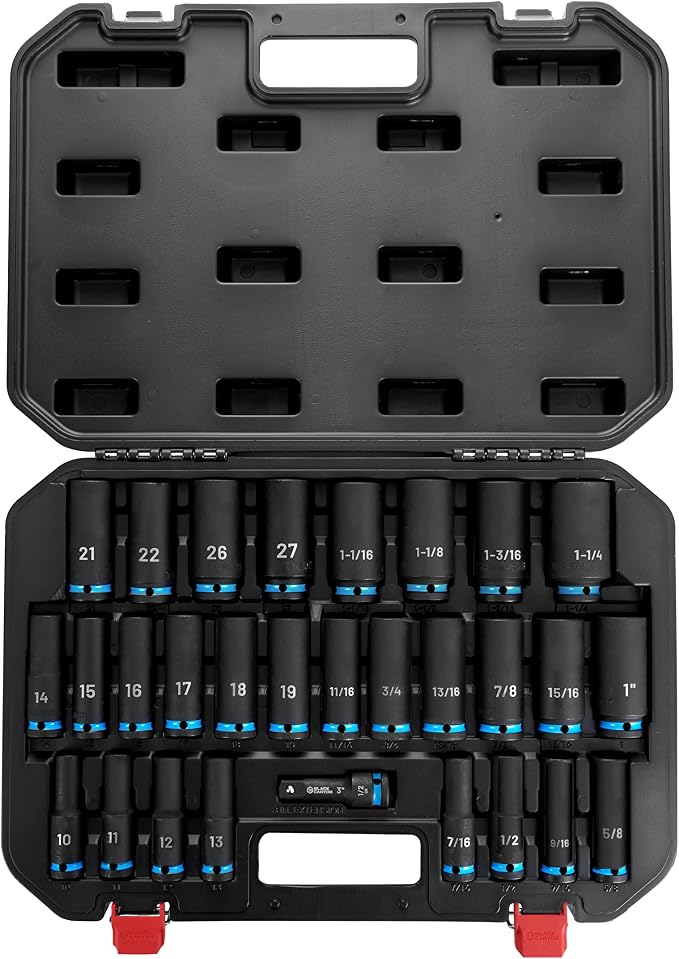 BLACK CANYON 29-Piece 1/2" Drive Deep Impact Socket Set, SAE & Metric 6-Point Sockets, Cr-Mo Impact Grade Steel, Includes 3" Extension Bar, Storage Case for Auto, Truck & Industrial Repair